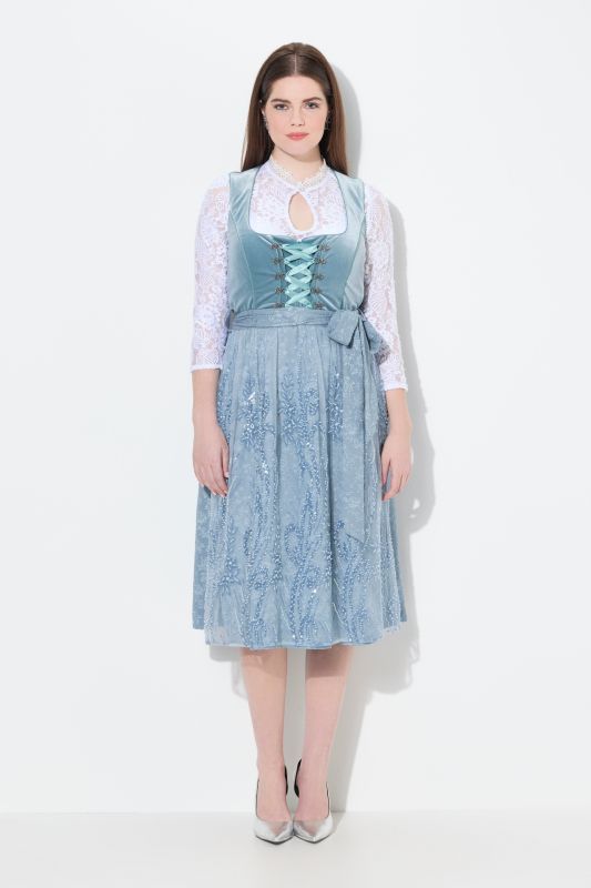 Dirndl sans manches, costume traditionnel bavarois. Décolleté carré. Broderies et laçage
