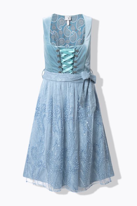Dirndl sans manches, costume traditionnel bavarois. Décolleté carré. Broderies et laçage