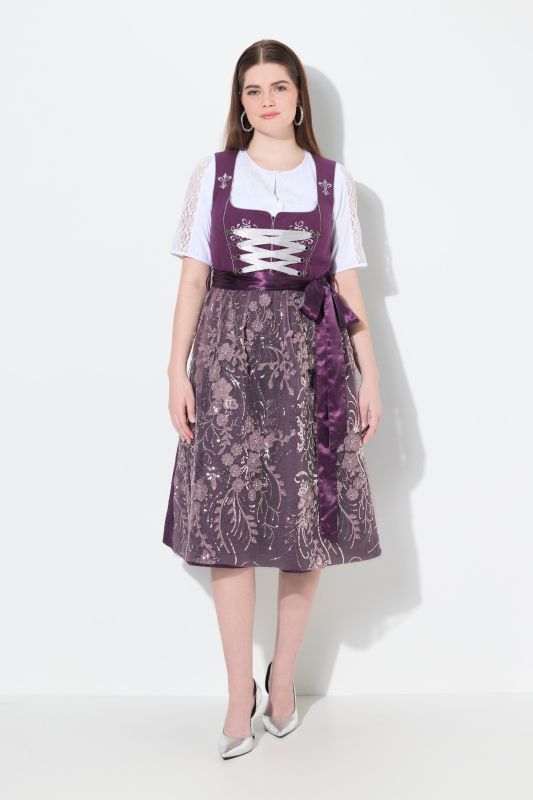 Dirndl sans manches, costume traditionnel bavarois. Décolleté carré. Broderies et laçage