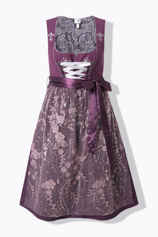 Dirndl sans manches, costume traditionnel bavarois. Décolleté carré. Broderies et laçage