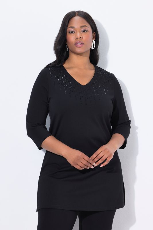Sweat-shirt avec strass fantaisie, décolleté en V et manches 3/4