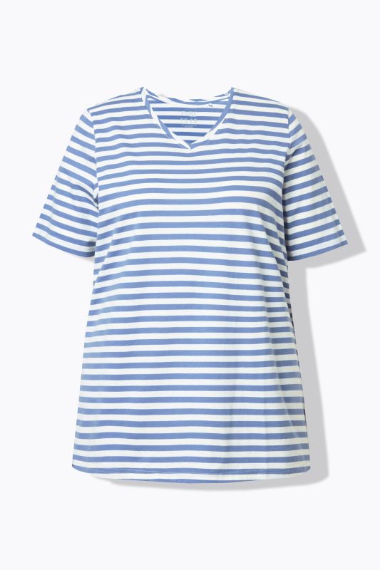 Lot de 2 T-shirts, rayures/uni, décolleté en V et manches courtes