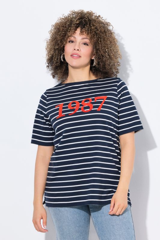 T-shirt rayé, flocage 1987, encolure bateau et manches courtes