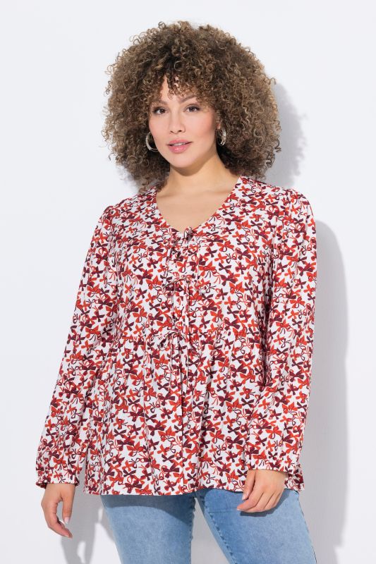 Blouse coupe évasée, imprimé petits nœuds, décolleté en V et manches longues