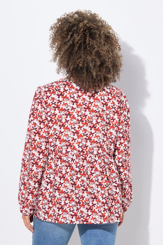 Blouse coupe évasée, imprimé petits nœuds, décolleté en V et manches longues