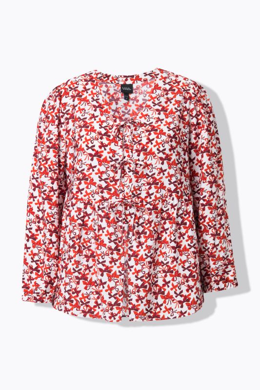 Blouse coupe évasée, imprimé petits nœuds, décolleté en V et manches longues