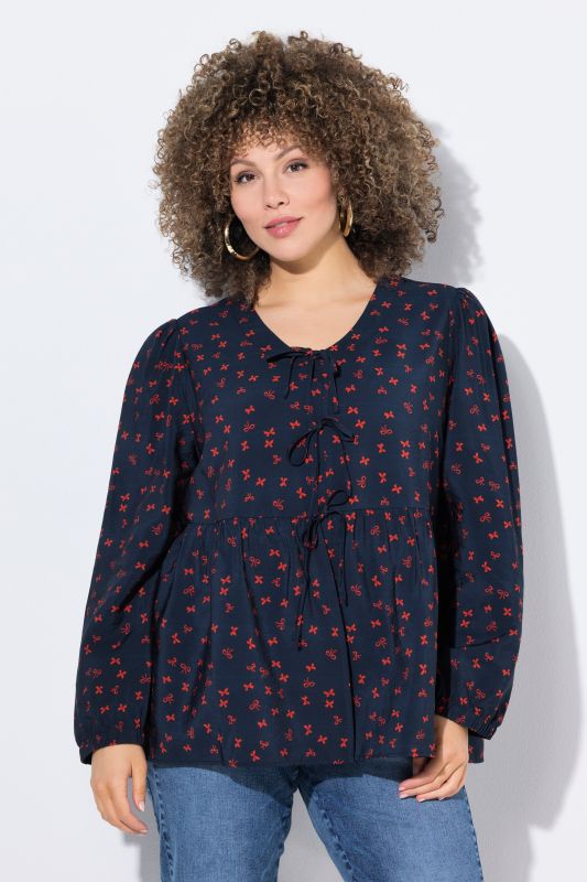 Blouse coupe évasée, imprimé petits nœuds, décolleté en V et manches longues