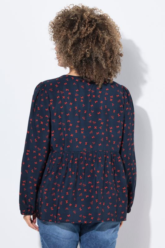 Blouse coupe évasée, imprimé petits nœuds, décolleté en V et manches longues