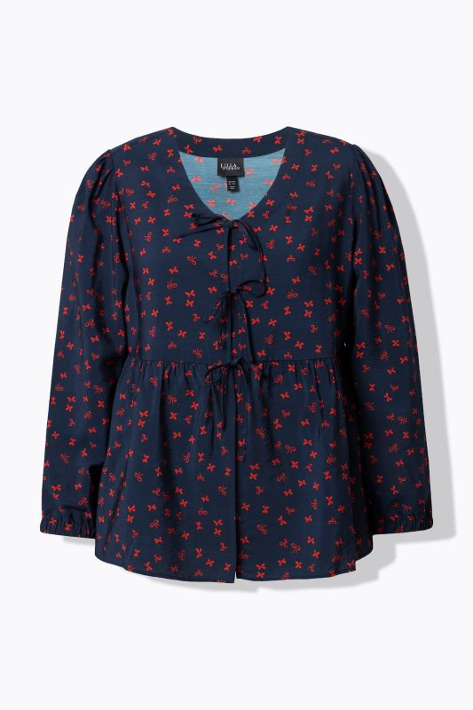 Blouse coupe évasée, imprimé petits nœuds, décolleté en V et manches longues