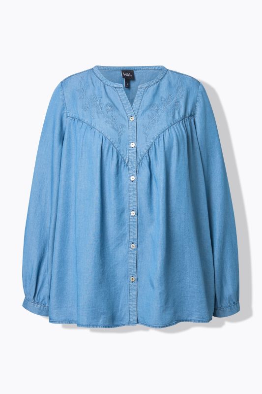Chemisier en jean avec broderies, décolleté en V et manches longues, coupe évasée