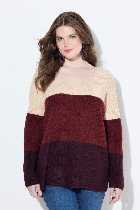 Pull esprit « colour block », motif torsadé, col en V et manches longues