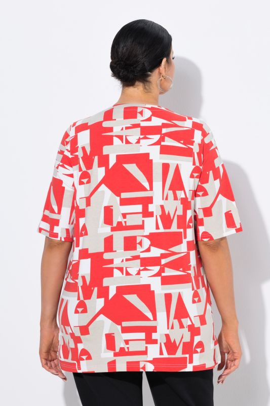 T-shirt coupe évasée, motif lettres de l'alphabet, décolleté en V et manches longues