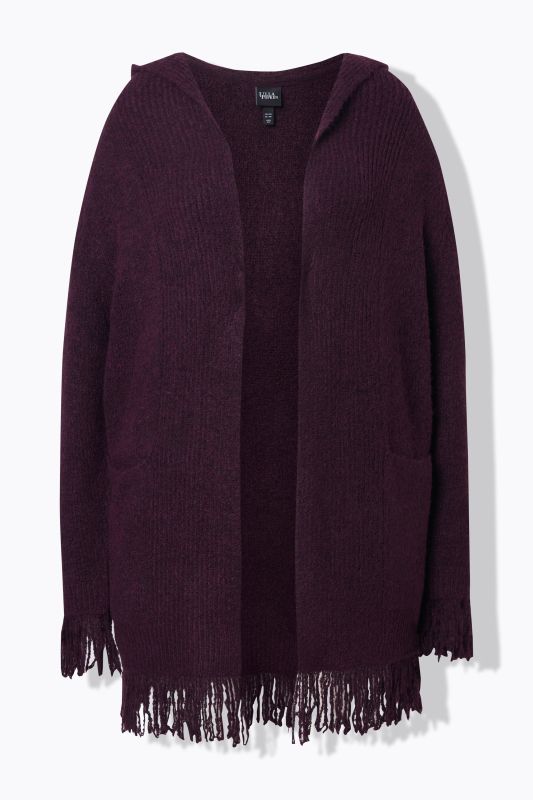 Cardigan long sans manches et sans fermeture, franges, capuche et manches longues