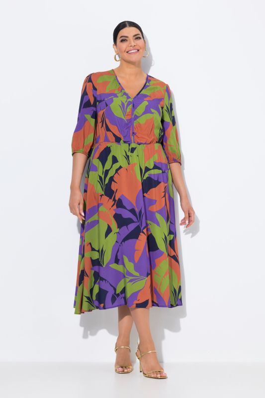 Robe midi coupe évasée, motif feuilles, décolleté en V et manches 3/4