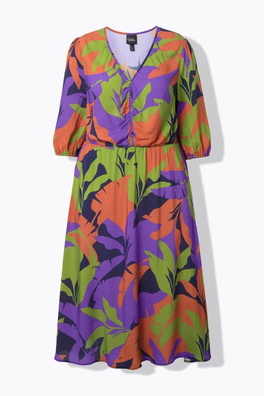 Robe midi coupe évasée, motif feuilles, décolleté en V et manches 3/4