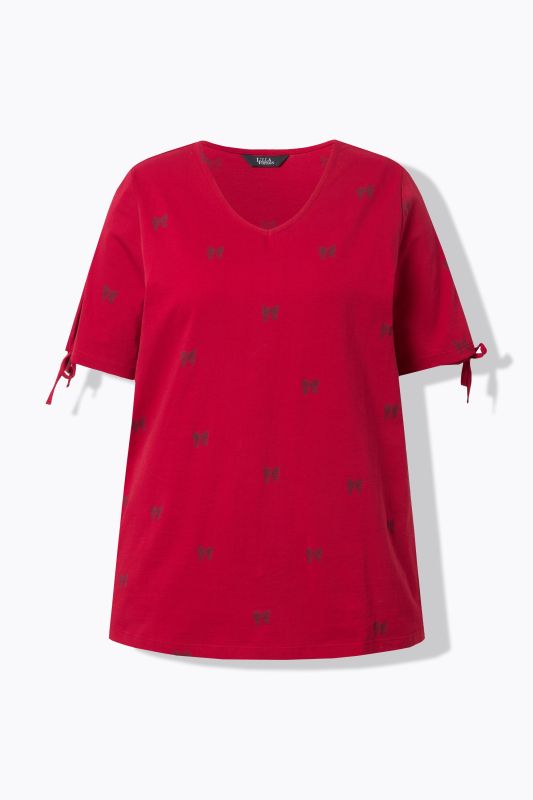 T-shirt coupe évasée, motif petits nœuds, décolleté en V et manches courtes