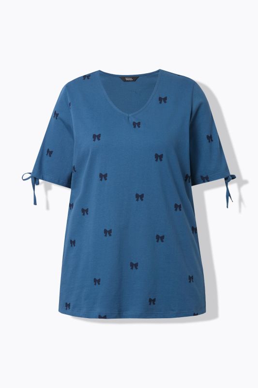T-shirt coupe évasée, motif petits nœuds, décolleté en V et manches courtes