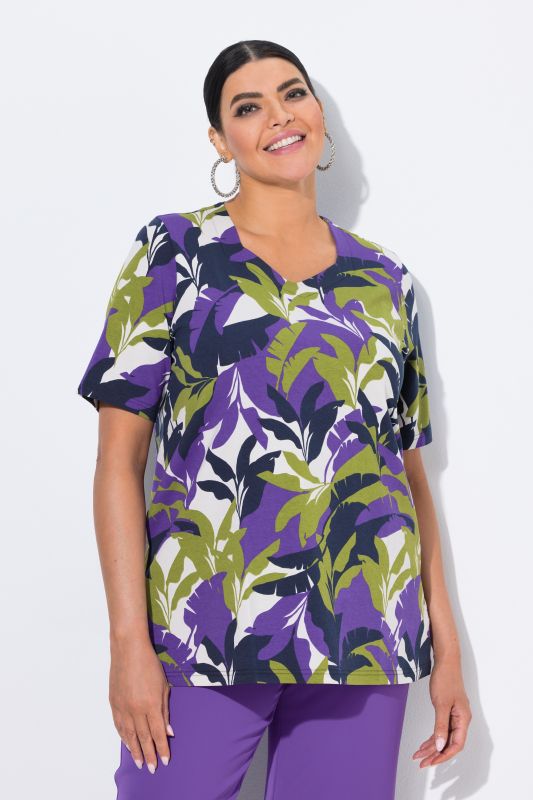 T-shirt coupe évasée, motif feuilles, décolleté en forme de cœur et manches courtes