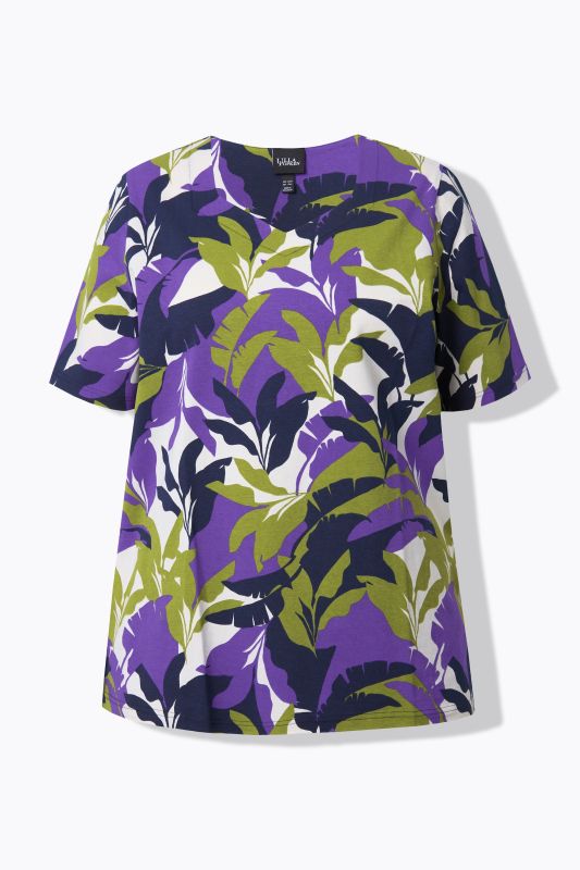 T-shirt coupe évasée, motif feuilles, décolleté en forme de cœur et manches courtes