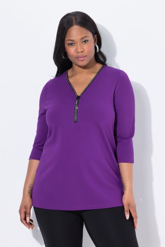 T-shirt en point de Rome, fermeture zippée, décolleté en V et manches 3/4, coupe évasée