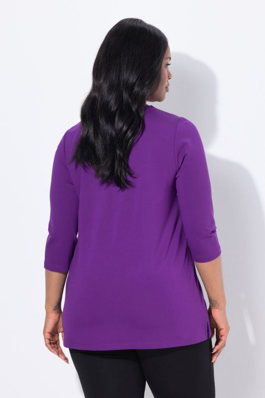 T-shirt en point de Rome, fermeture zippée, décolleté en V et manches 3/4, coupe évasée