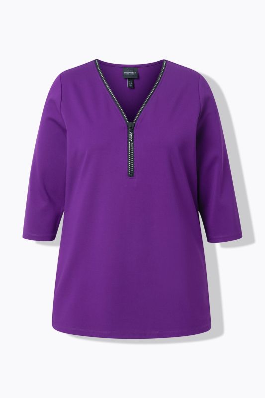 T-shirt en point de Rome, fermeture zippée, décolleté en V et manches 3/4, coupe évasée