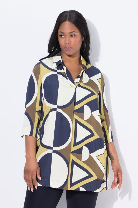 Tunique en satin, imprimé graphique, manches 3/4 et col chemise