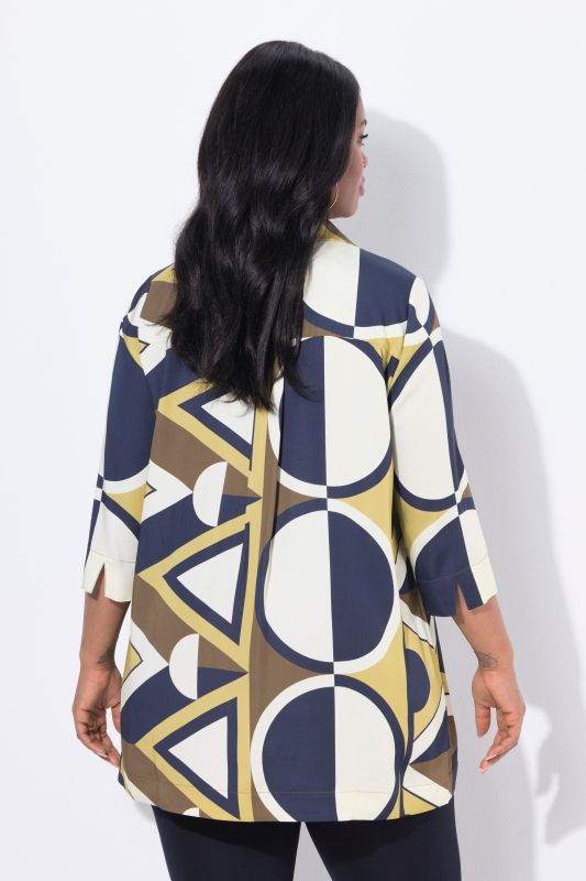 Tunique en satin, imprimé graphique, manches 3/4 et col chemise