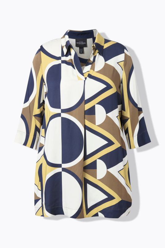 Tunique en satin, imprimé graphique, manches 3/4 et col chemise