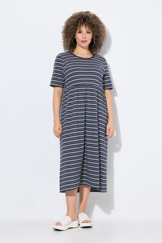 Robe midi à rayures, décolleté en V et manches courtes, coupe évasée
