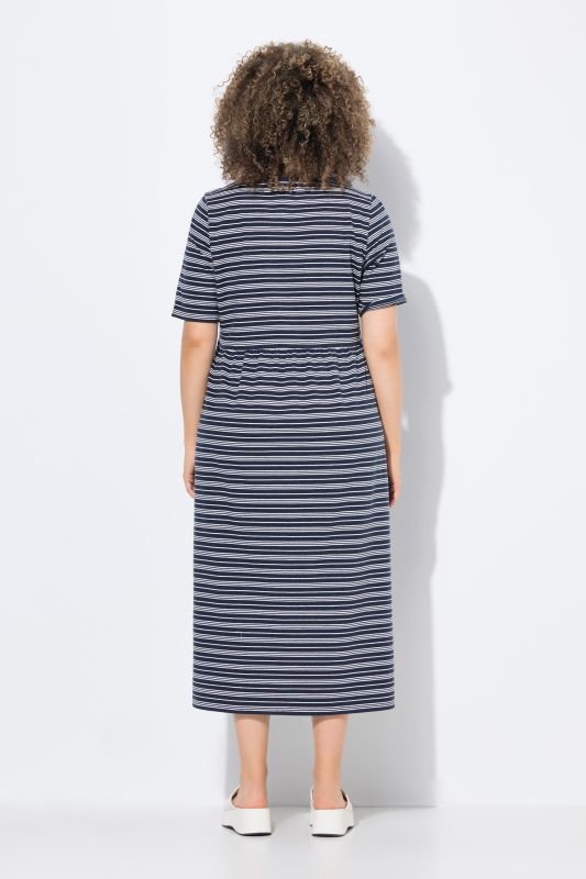 Robe midi à rayures, décolleté en V et manches courtes, coupe évasée