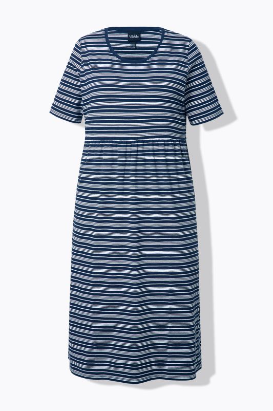 Robe midi à rayures, décolleté en V et manches courtes, coupe évasée
