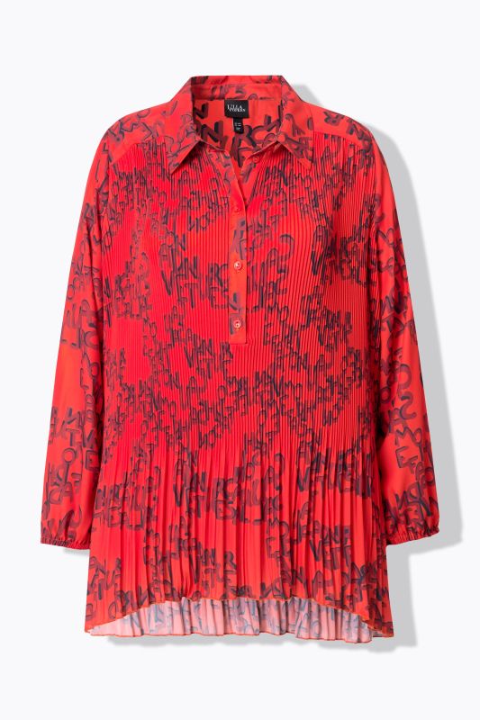 Chemisier plissé, motif lettres de l'alphabet, col chemise et manches longues, coupe évasée