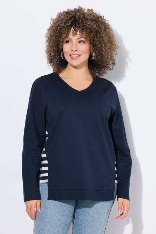 Sweat-shirt coupe évasée, empiècements à rayures, col en V et manches longues