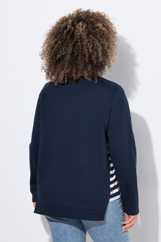 Sweat-shirt coupe évasée, empiècements à rayures, col en V et manches longues