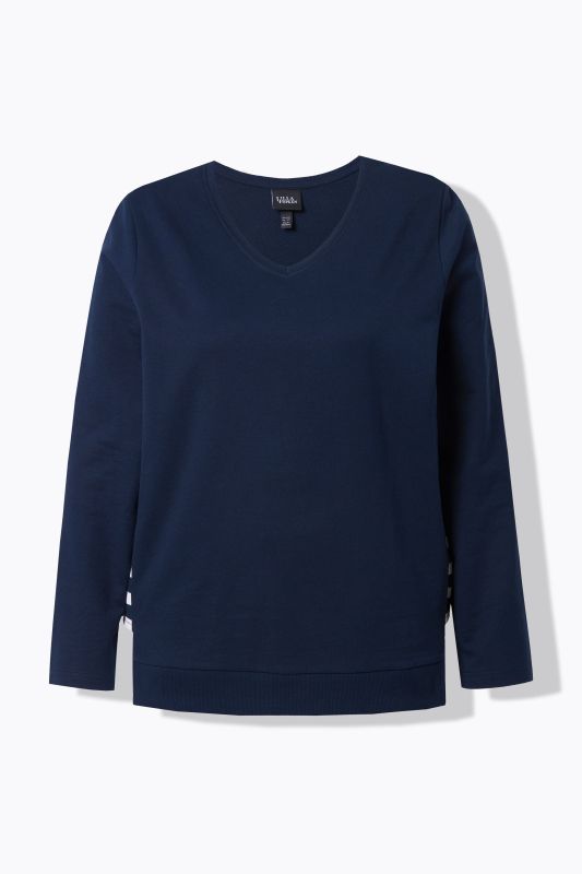 Sweat-shirt coupe évasée, empiècements à rayures, col en V et manches longues