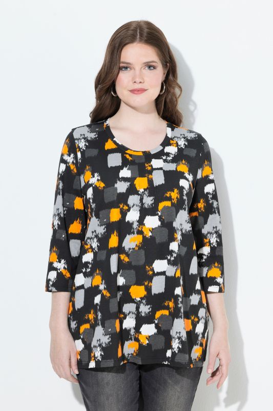 T-shirt imprimé graphique, décolleté rond et manches 3/4, coupe évasée