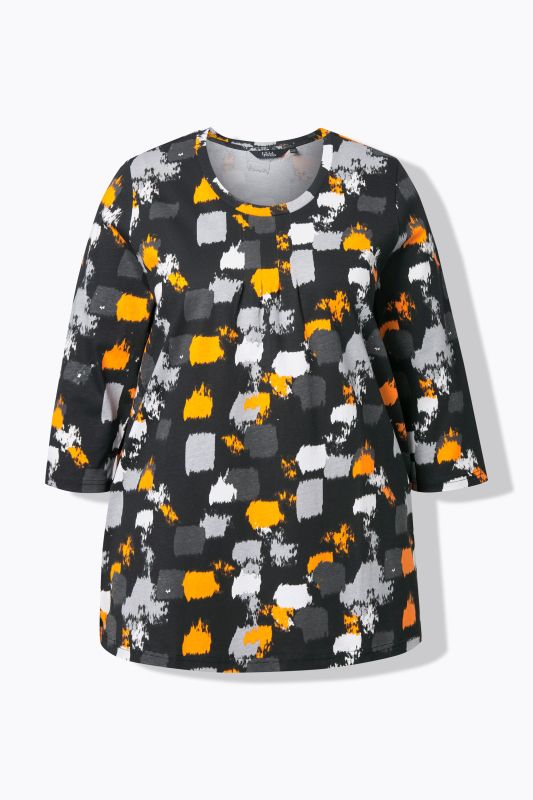 T-shirt imprimé graphique, décolleté rond et manches 3/4, coupe évasée
