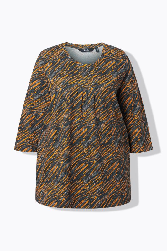 T-shirt imprimé graphique, décolleté rond et manches 3/4, coupe évasée