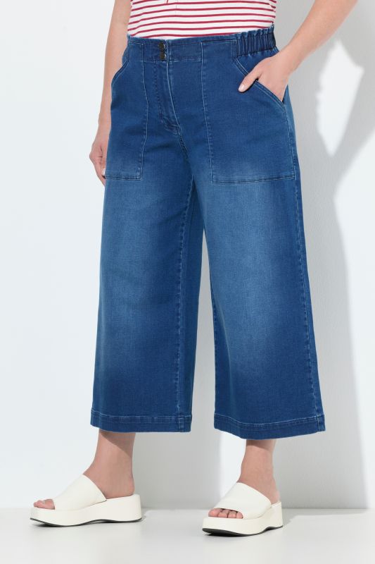 Jupe-culotte en jean Rose. Jambe large longueur mollet. Taille confortable