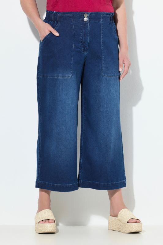 Jupe-culotte en jean Rose. Jambe large longueur mollet. Taille confortable