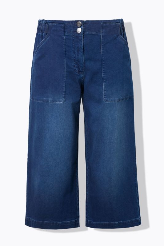Jupe-culotte en jean Rose. Jambe large longueur mollet. Taille confortable