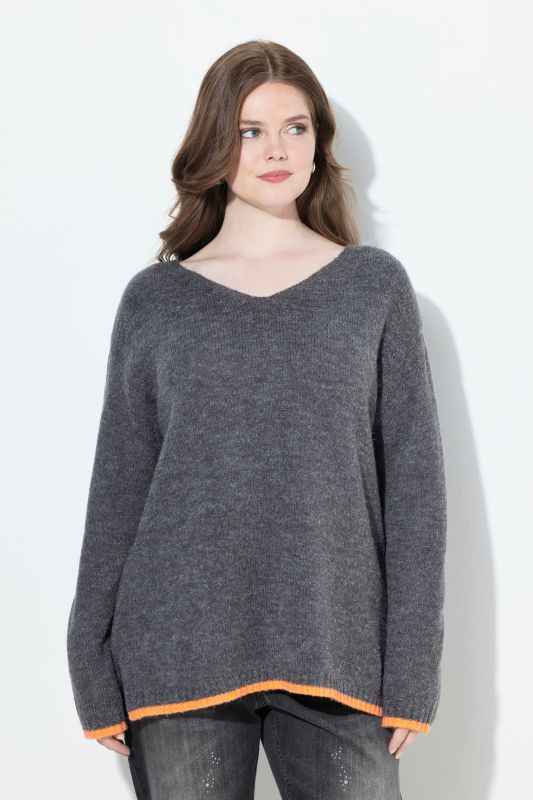 Pull manches longues et col en V, bordures contrastantes