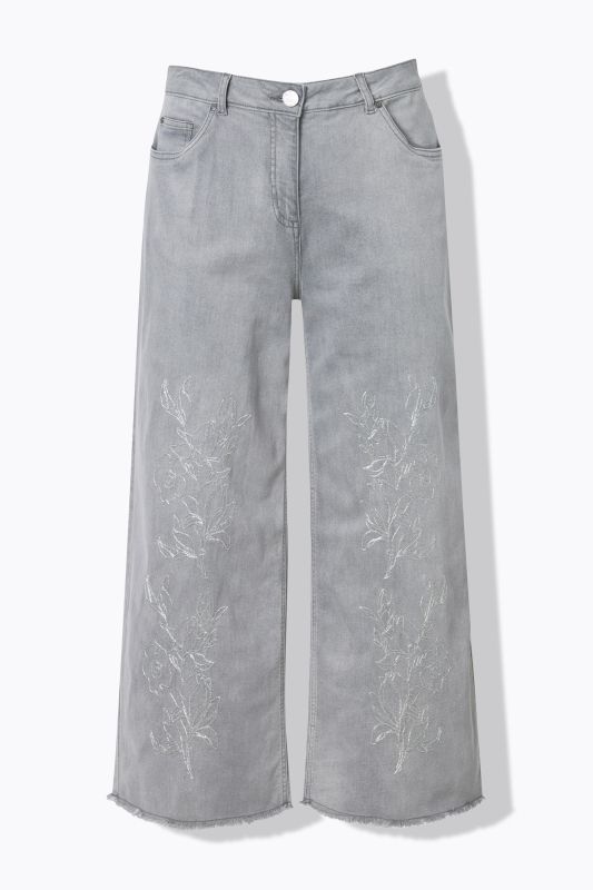 Jean Marie en denim stretch, broderie et bas de jambe avec ourlet frangé