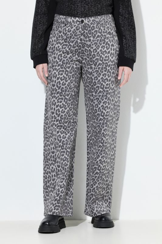 Jean Mary en sergé stretch, motif léopard, ourlet frangé