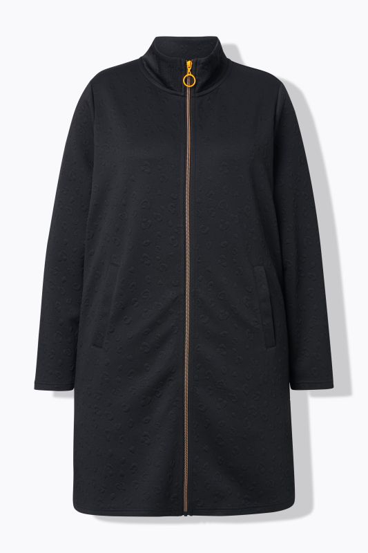 Veste longue col montant, motif léopard et fermeture à glissière, manches longues