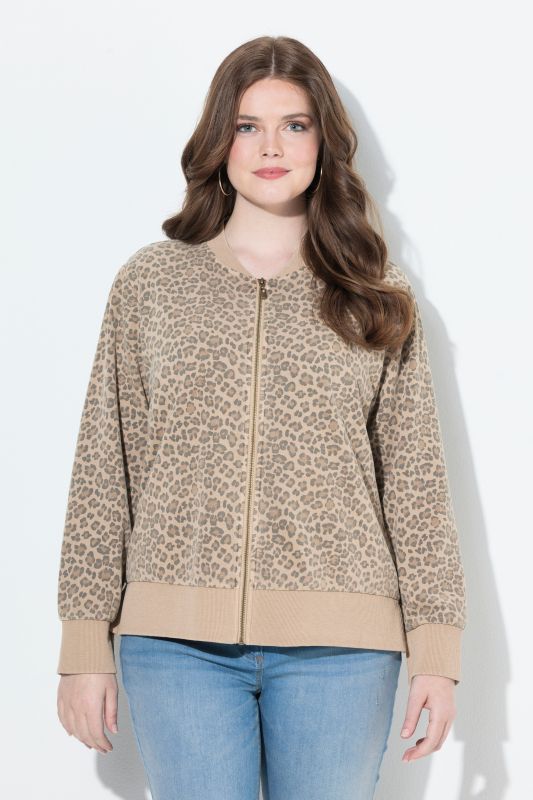 Blouson en molleton motif léopard, col rond et manches longues, patte de boutonnage