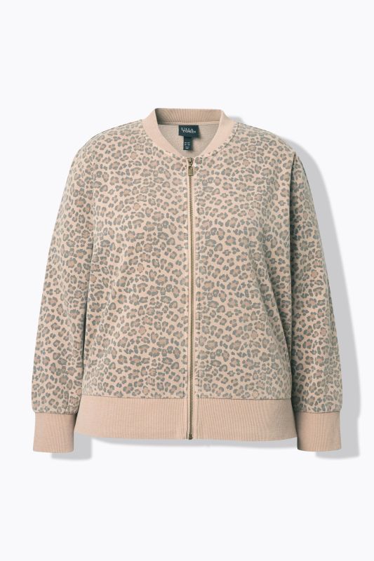 Blouson en molleton motif léopard, col rond et manches longues, patte de boutonnage
