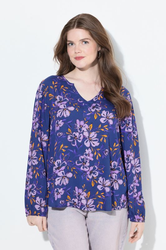 Blouse à fleurs, coupe évasée, décolleté en V et manches longues