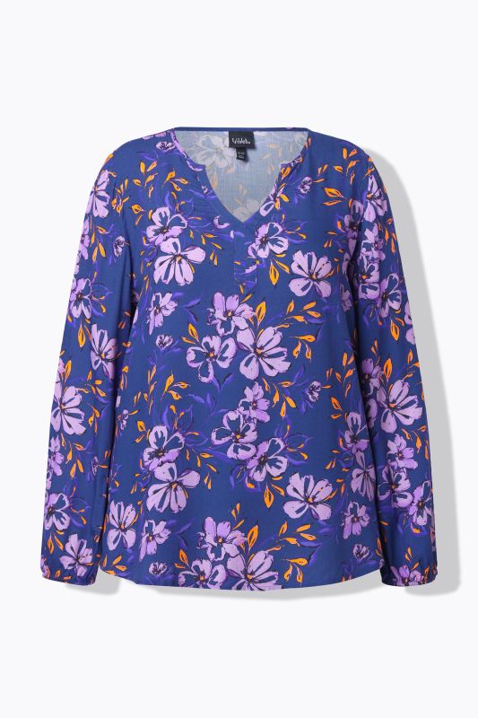 Blouse à fleurs, coupe évasée, décolleté en V et manches longues